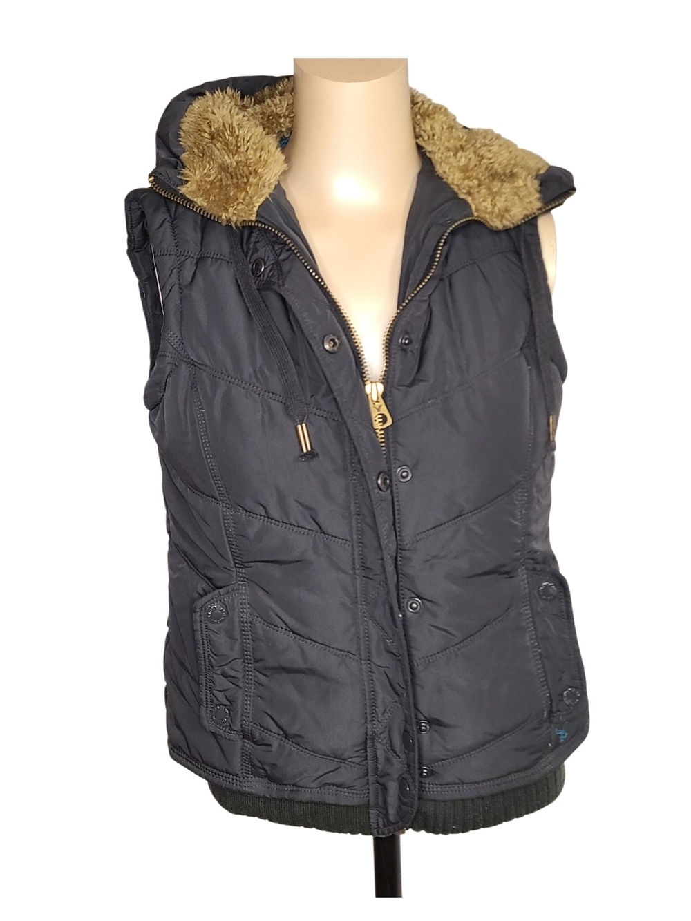 American Eagle Outfitters Puffer Vest Quilted Faux Fur Hood Black Small S